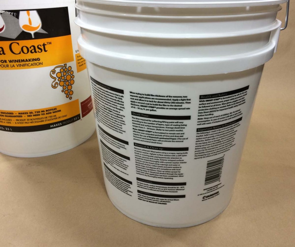 Usage instructions and warning printed on plastic pails